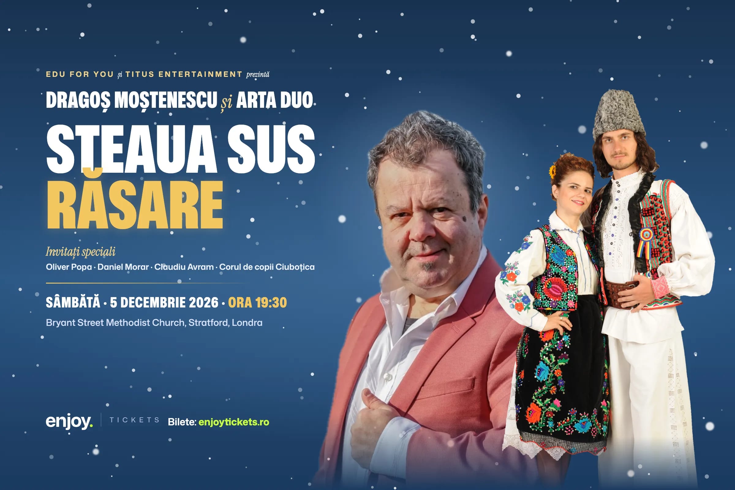 Steaua sus răsare poster: Dragoș Moștenescu and ARTA DUO in Romanian folk costume, Saturday 5 December 2026, Bryant Street Methodist Church, Stratford
